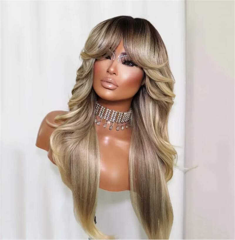 Ash Blonde Wig with Bangs Honey Blonde Balayage Human Hair 13×4 Lace Front Wigs