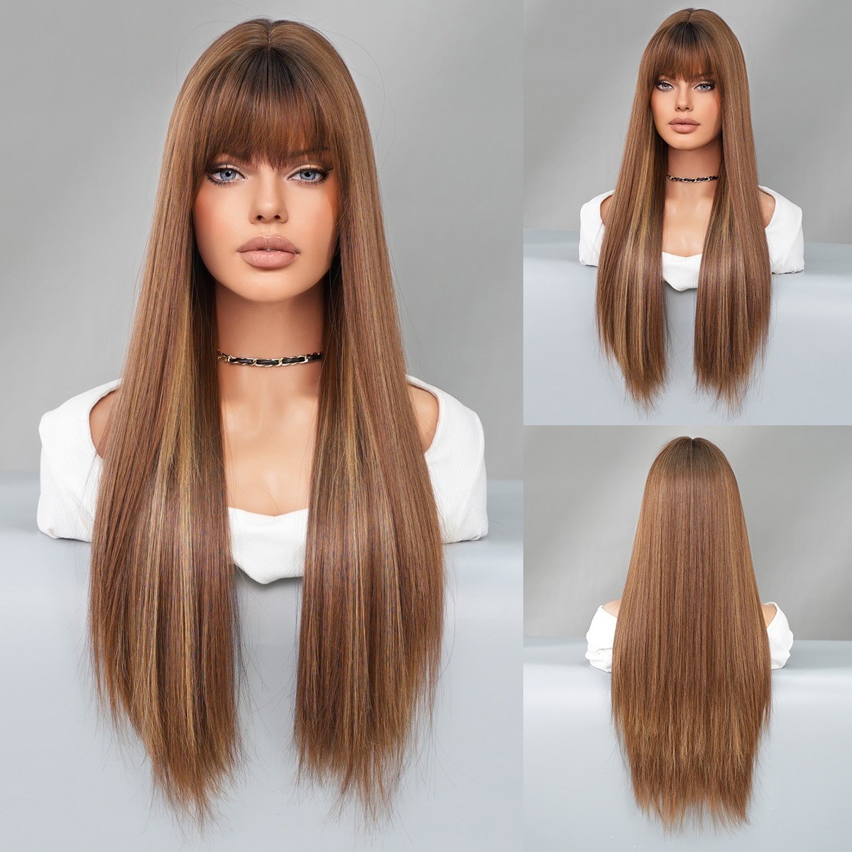 Long Straight Ginger Wig with Bangs for Women Synthetic Hair