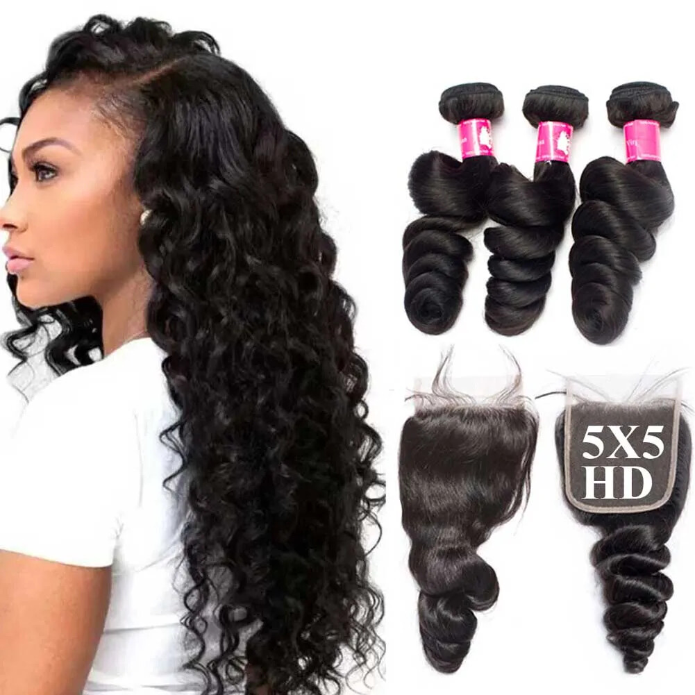 12A BRAZILIAN VIRGIN HUMAN HAIR LOOSE WAVE HD LACE BUNDLES 4X4/5X5/6X6 COLOR 1B#