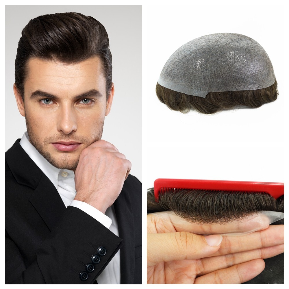 Natural BIO Thin Skin Hair System Mens Toupee Wig Hair Replacement