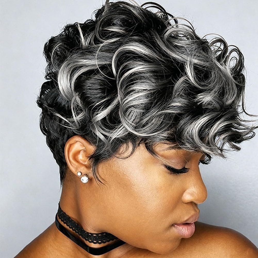 6″ Short Pixie Wigs Black Women Short Black Curly Pixie Synthetic Hair Wigs
