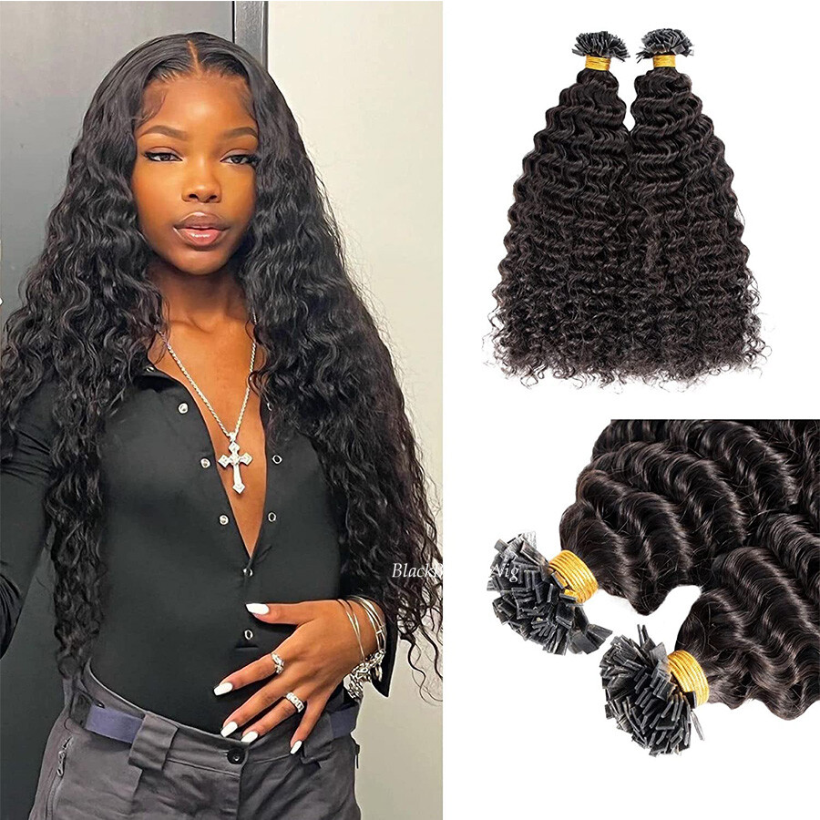 Keratin Fusion Flat Tip Human Hair Extension Deep Curly Pre Bonded Hair 100pcs