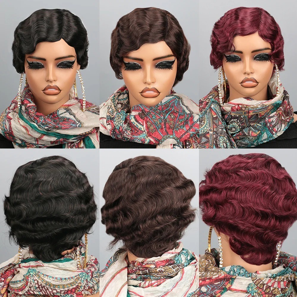 Short Finger Wave Wig Human Hair Wig For Women Brown Short Ocean Wave Wig Pixie