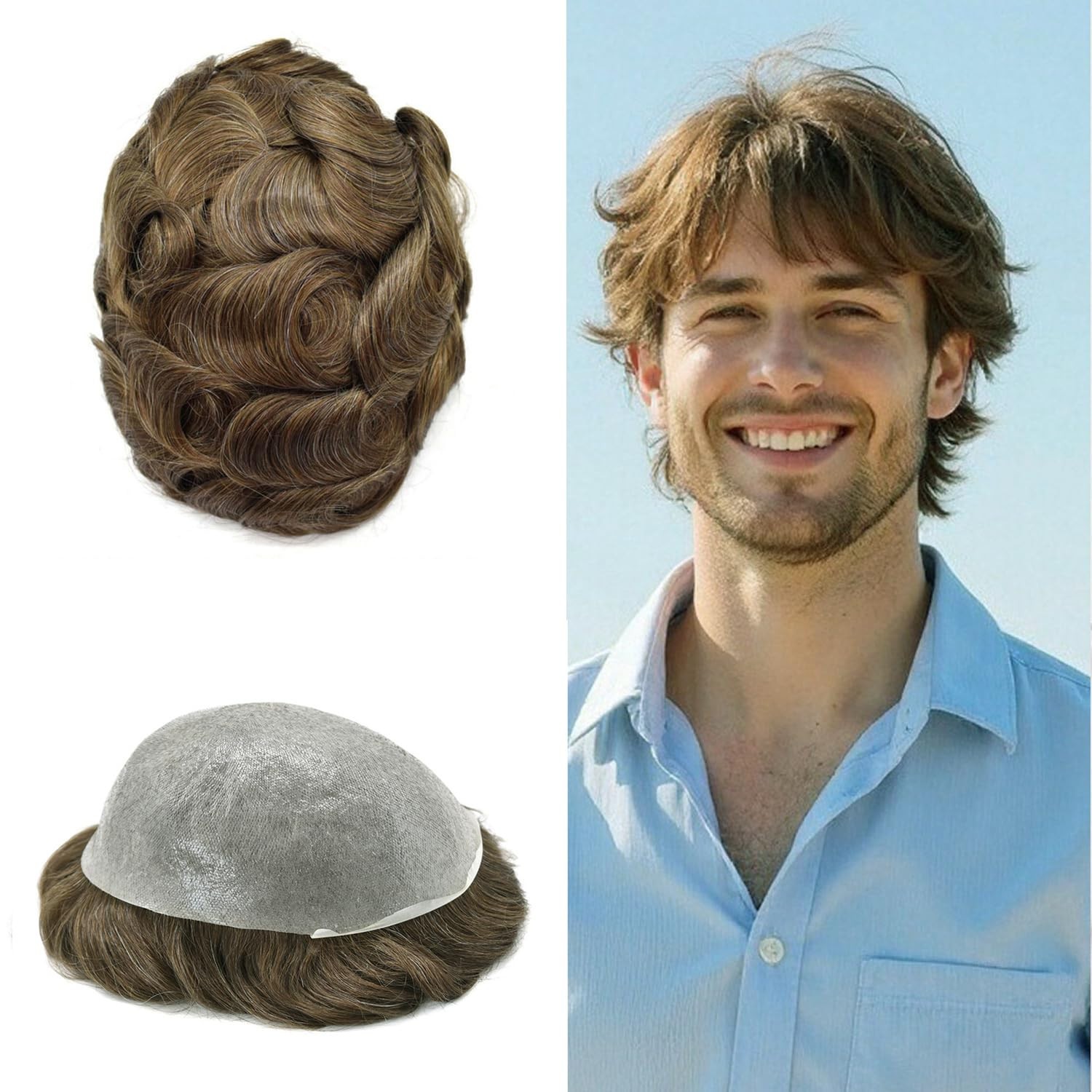 Mens Toupee Ultra Thin Skin Hair Replacement System Invisible V-Loop Hair Piece