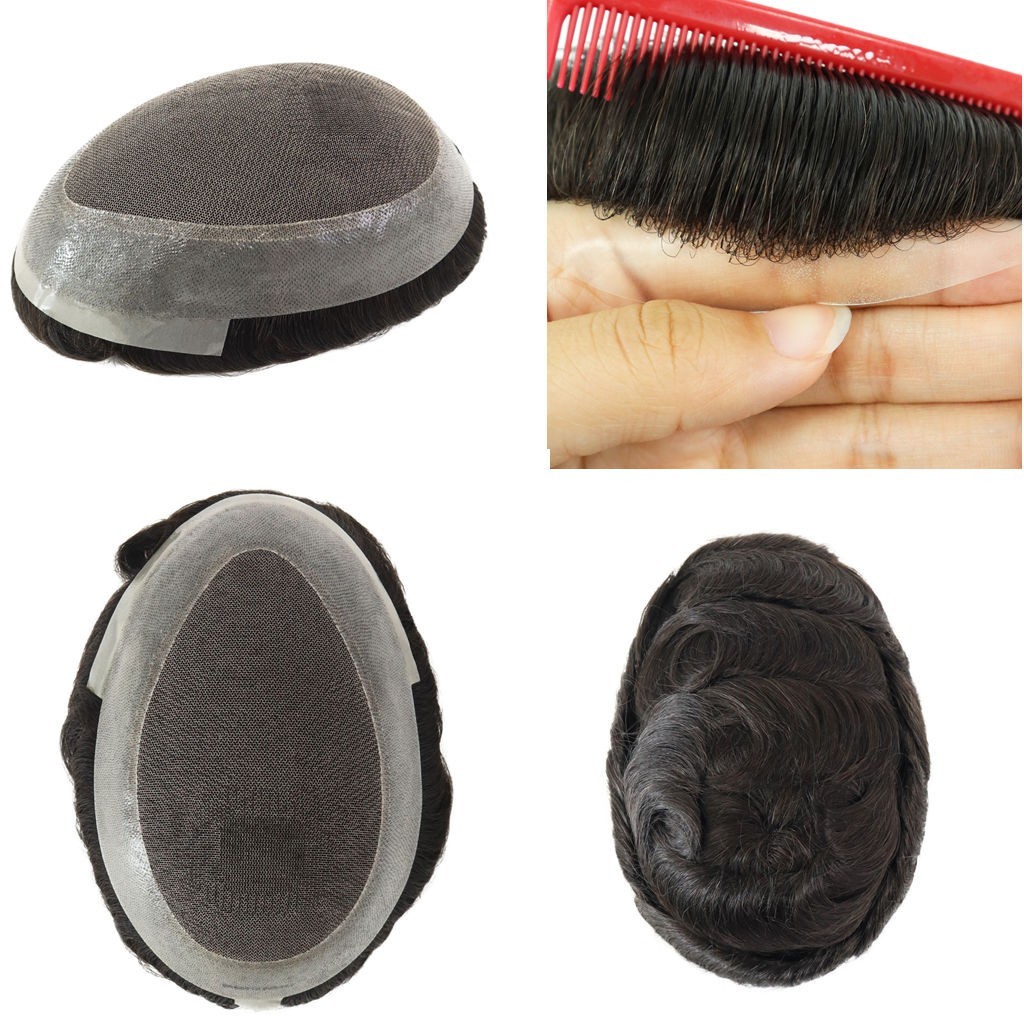 Mens Human Hair Replacement Hairpieces Toupee Poly Skin Lace Center Hair System