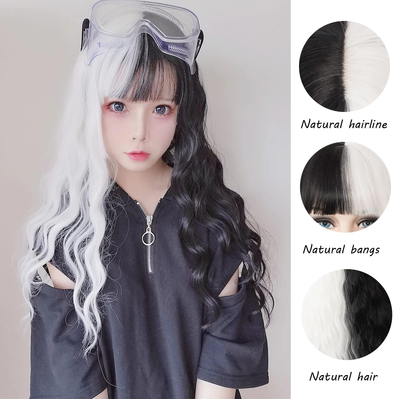 Women’s Black and White Wig 27 Inches Long Curly Wavy Hair Wig Heat Resistant…