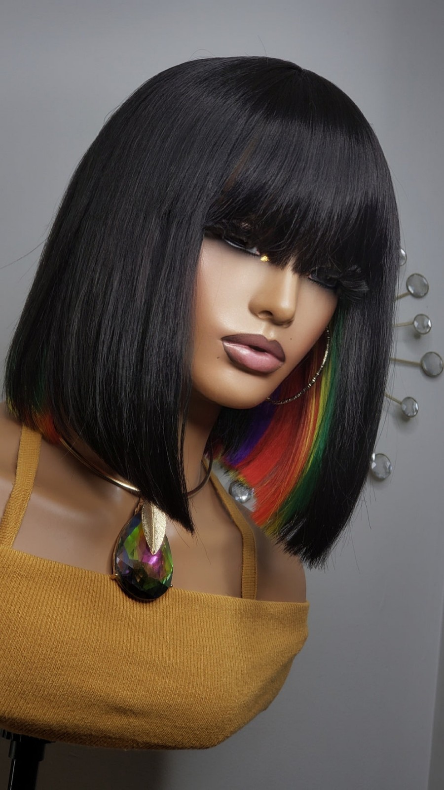 New Short Human Hair Blend Straight Bob Wrap Style Full Cap Wig Black Rainbow
