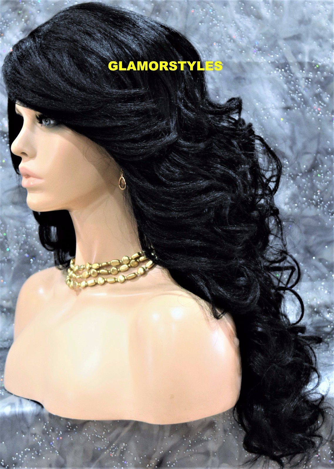 LACE FRONT FULL WIG LONG WAVY LAYERED SIDE PART JET BLACK #1 HEAT OK NWT