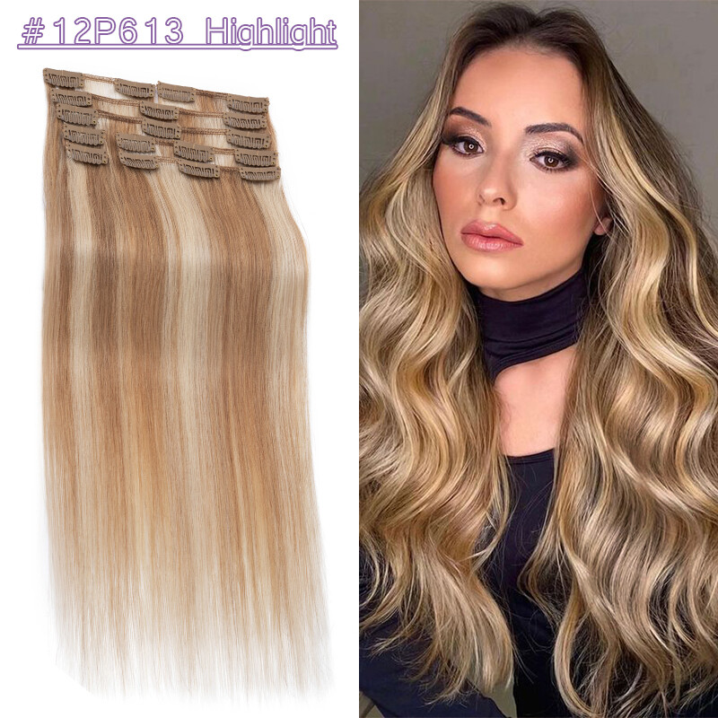 Clip In 100% Remy Human Hair Extensions 8pcs Highlight Balayage Ombre Full Head