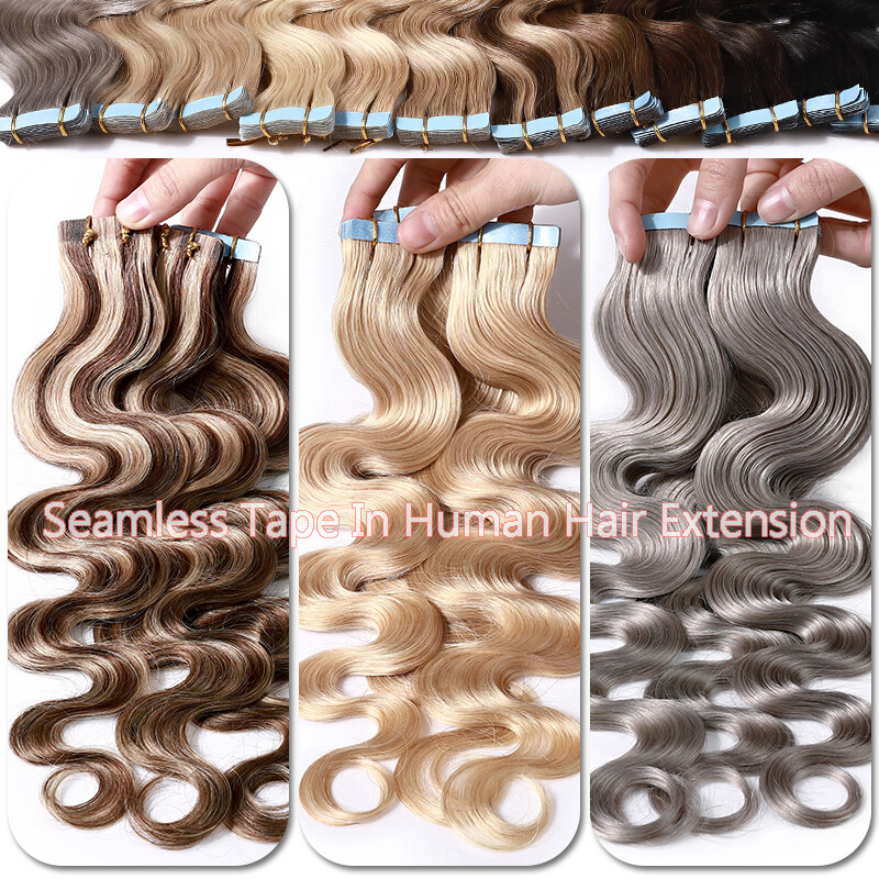Thick Wavy Tape In 100% Remy Human Hair Extensions Skin Weft Full Head Body Wave