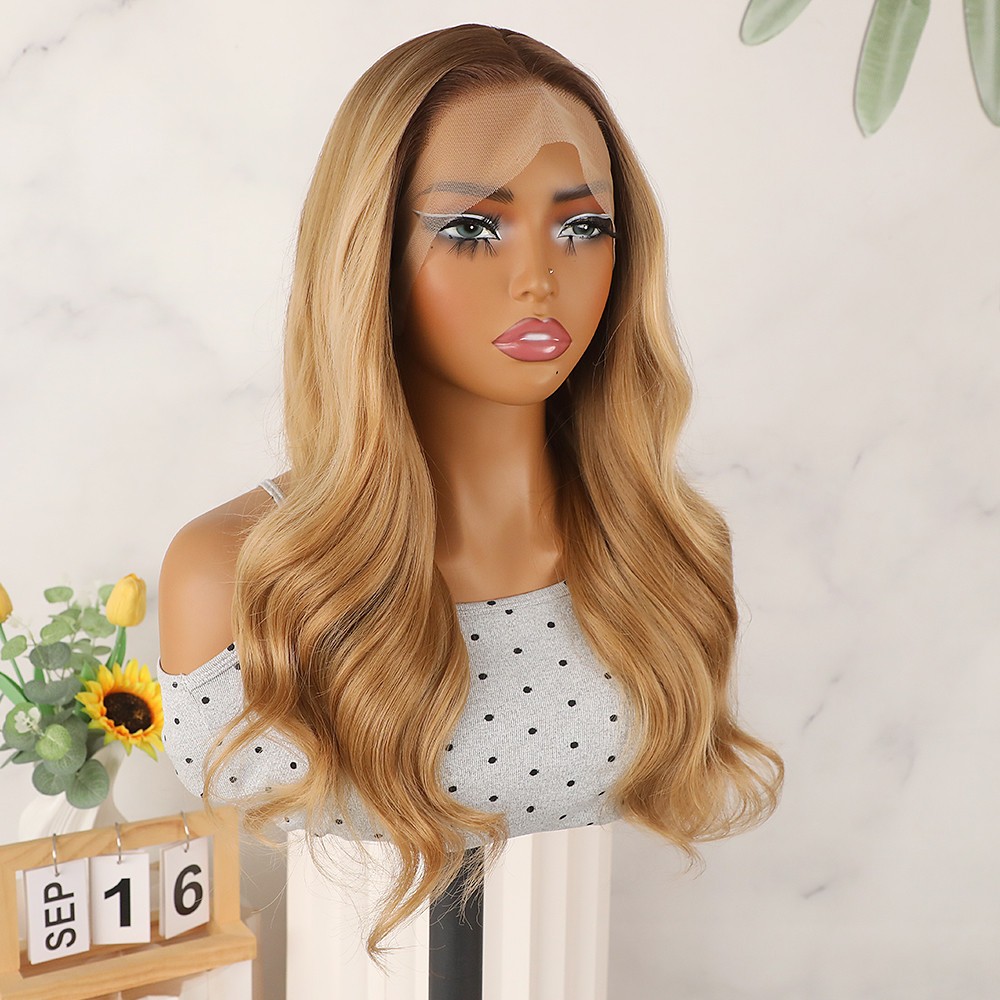 Ombre Brown Roots Blonde Lace Front Wigs Long Wavy Pre Plucked Natural Hairline