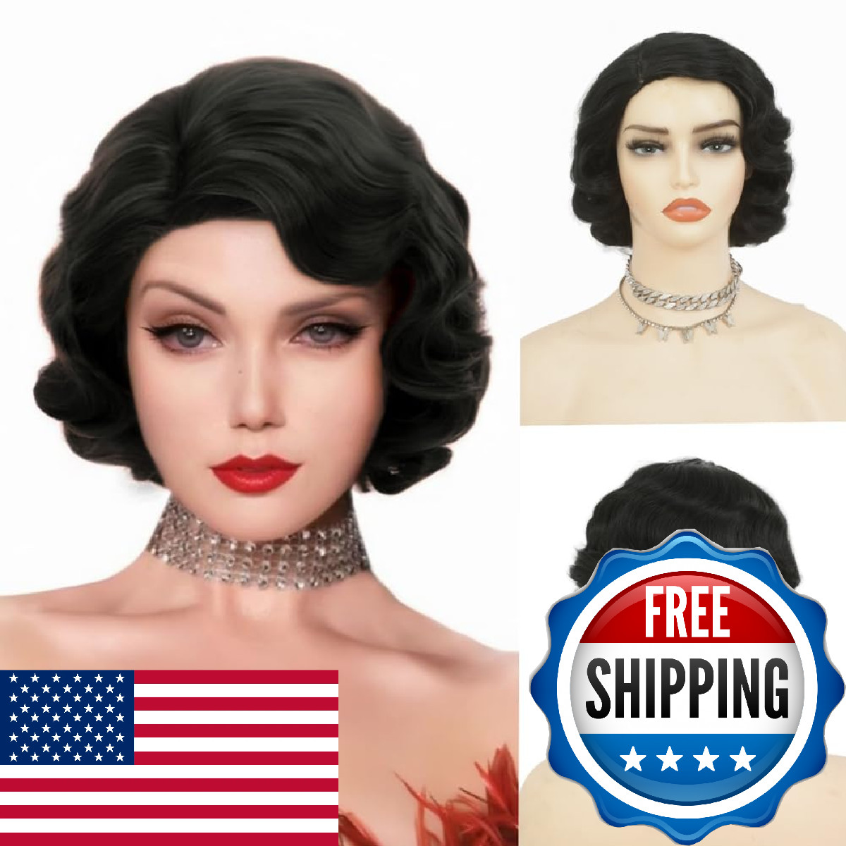 Salaibs Black Finger Wave Wig for Women 1920s Vintage Synthetic Cosplay