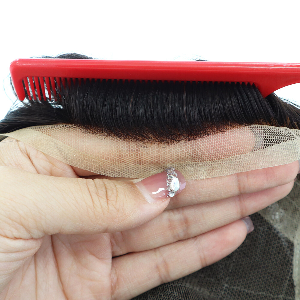 Mens Toupee Human Hair Replecement System Lace Front Natural Black Hairpiece #1C