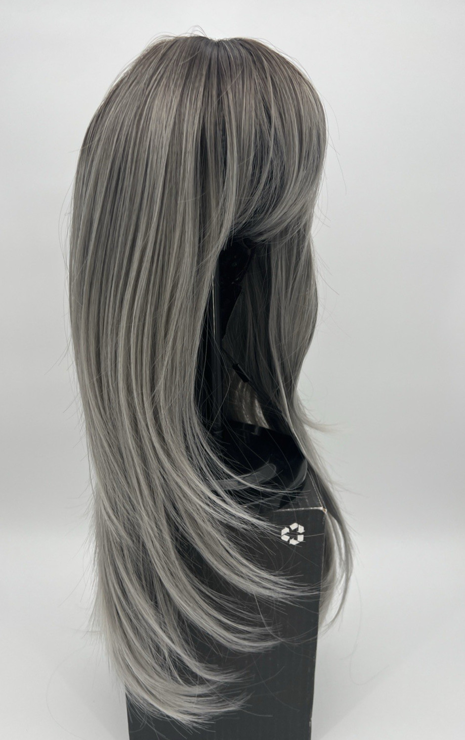 Ombre Gray Brown Tones Side Bangs Long Straight 25in Women Premium Hair Wig