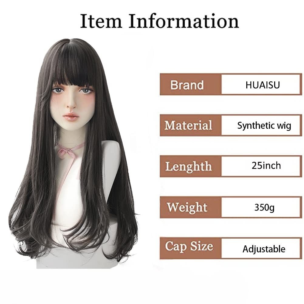 Long Black Wig With Bangs 25in Natural Looking Women Cosplay Costume Wig