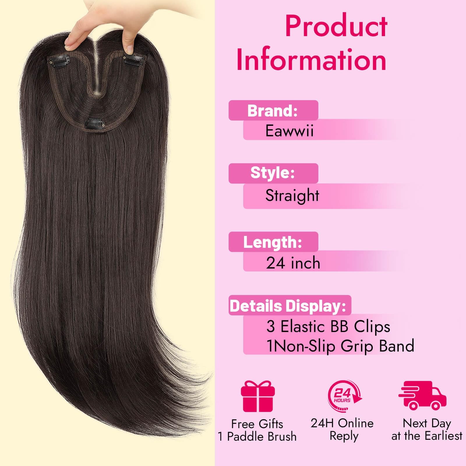 Eawwii Dark Brown Synthetic Hair Toppers for Women with 24 Inch,