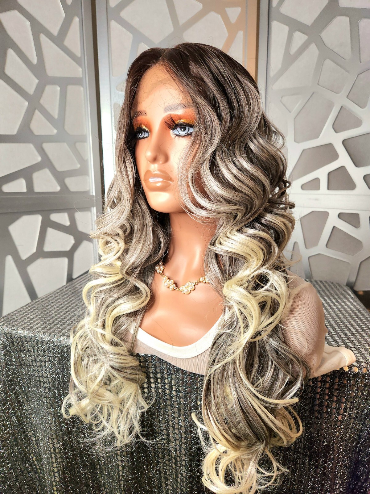 Lace Front Wig Human Hair Blend Ombre Blonde Curly Long Wig Highlights Glueless