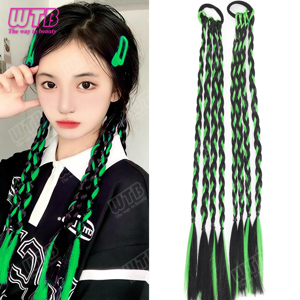 2PCS Elastic Band Braided Wigs Highlighted Synthetic Hairpieces For Women Daily