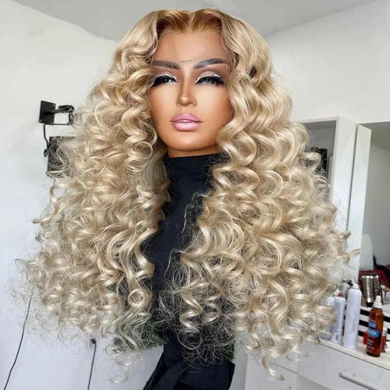 Deep Wave Curly Ash Blonde Dark Roots Human Hair Wigs 13×4 Lace Front Wig