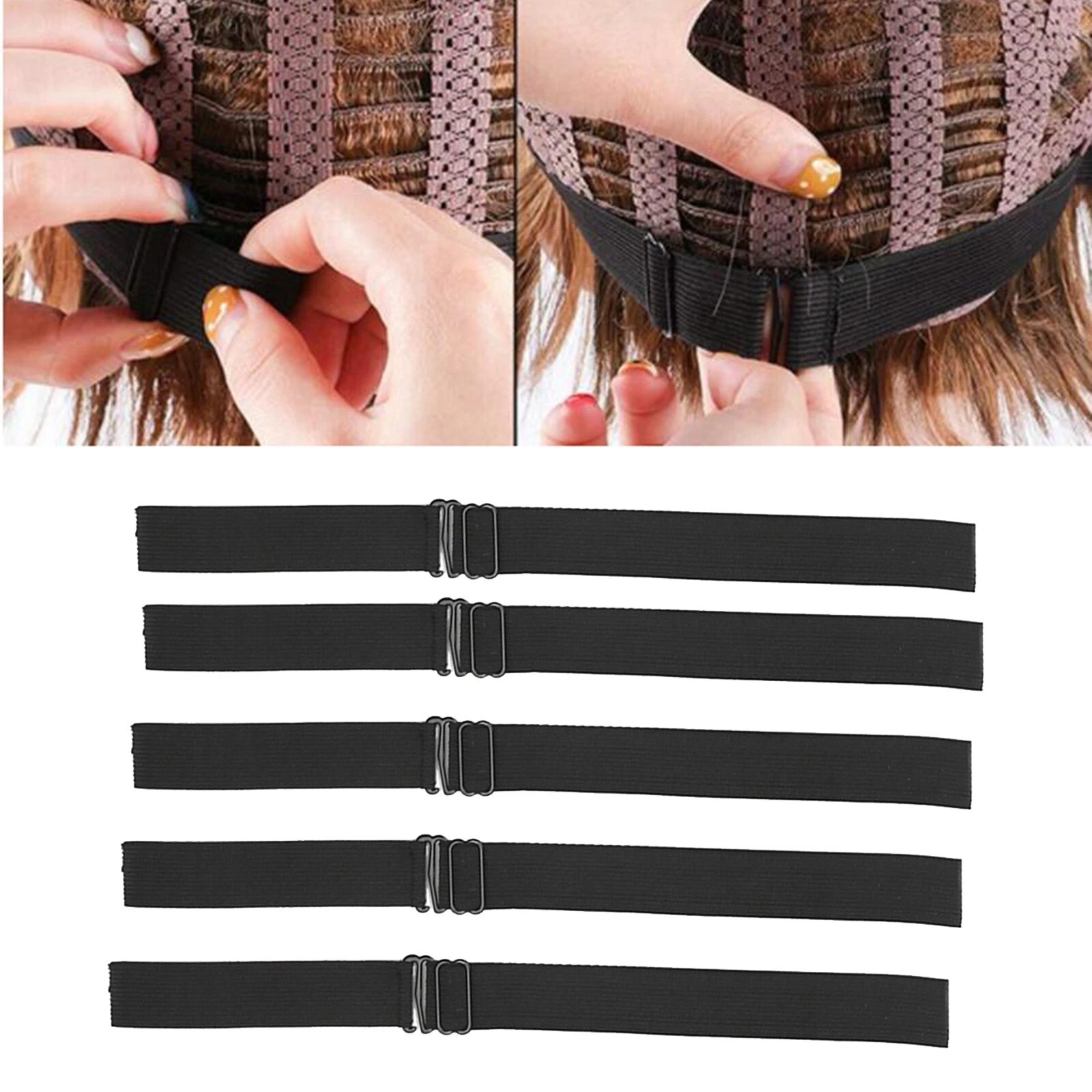 5x Black Adjustable Elastic Band Straps With Hooks For Wigs Caps Bra Closure