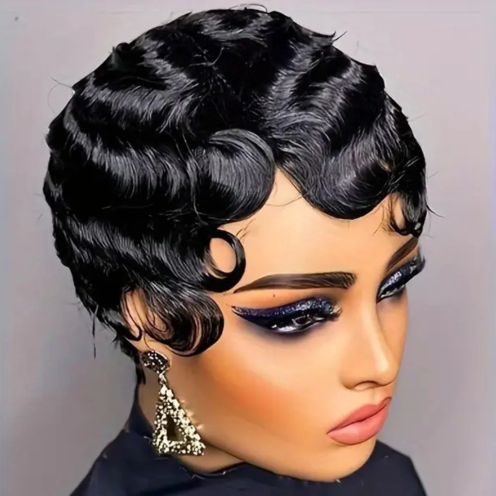 Short Finger Wave Wig Human Hair Wig For Women Brown Short Ocean Wave Wig Pixie