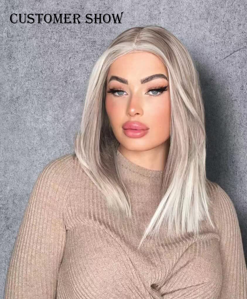 Ash Blonde White Balayage Highlights BOB 12 inch Wig Straight Lace Front Wigs
