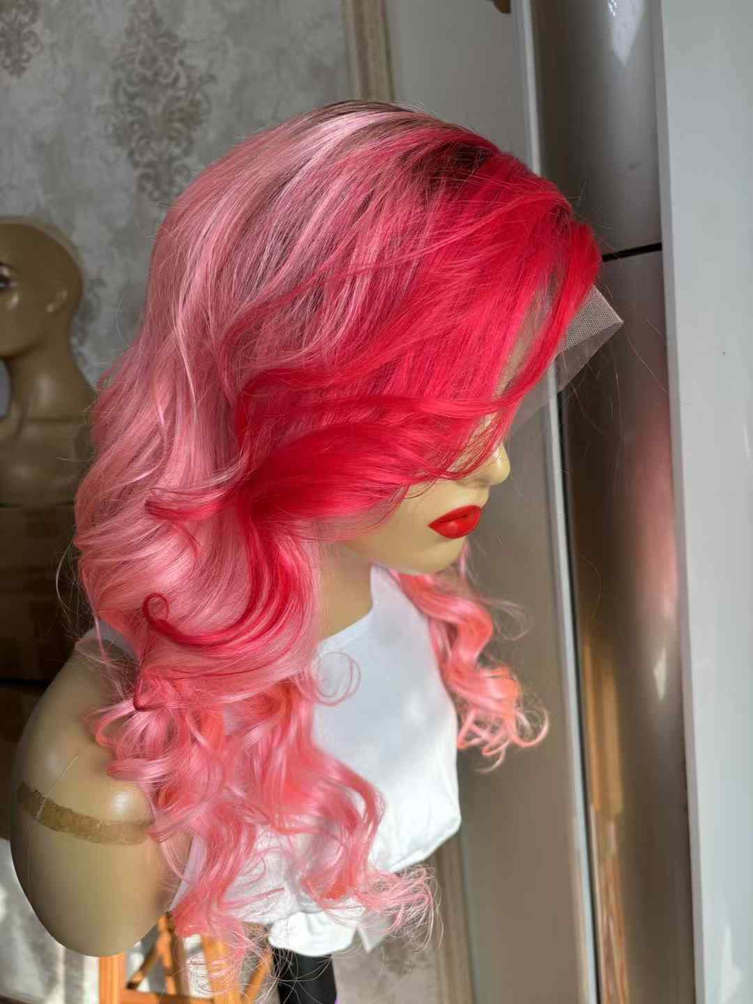 Brown Root Red With Pink Long Wavy Wig T Lace Front 100% Human Hair Wig Glueless