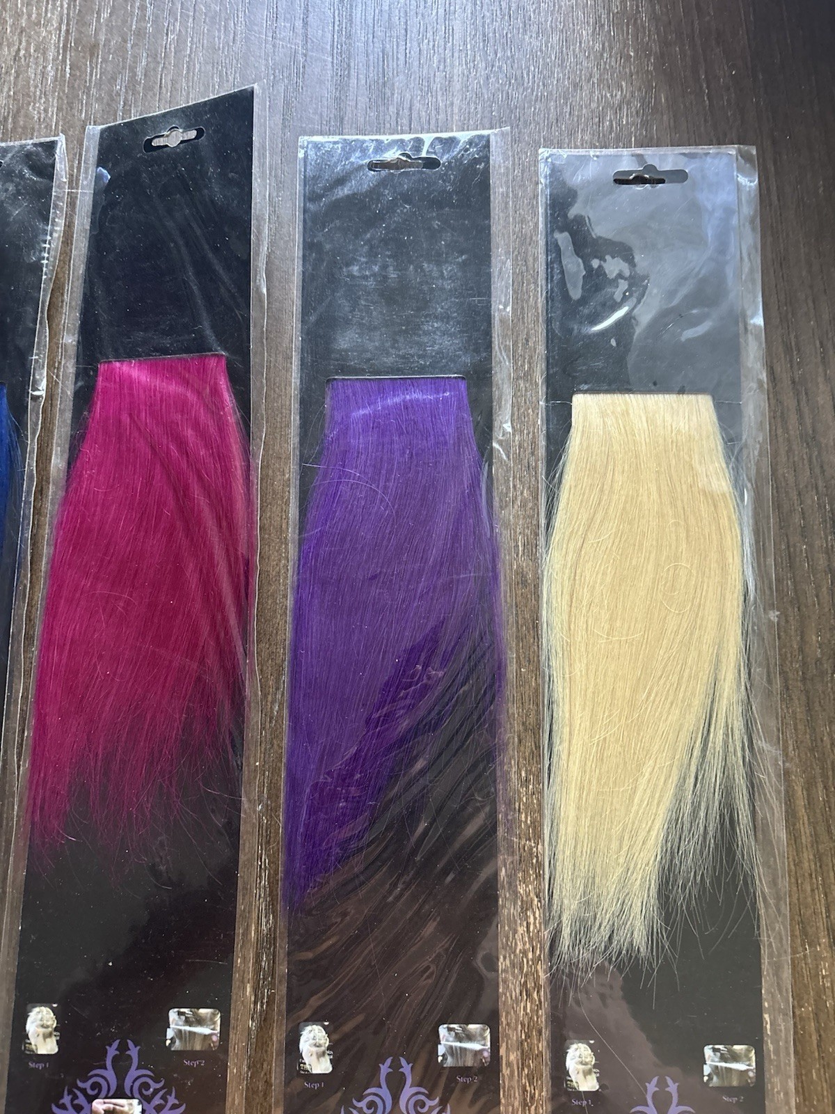 6 Packs of Real Human Hair Extensions (Black, Brown, Blue, Pink, Purple, Blonde)