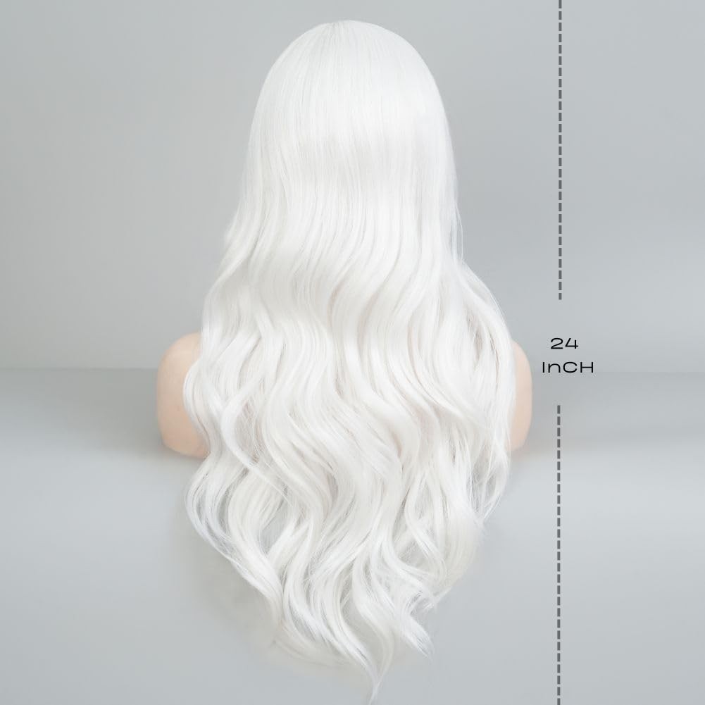 White Cosplay Wigs for Women Long Curly Wavy Middle Part Wig Heat Resistant F…