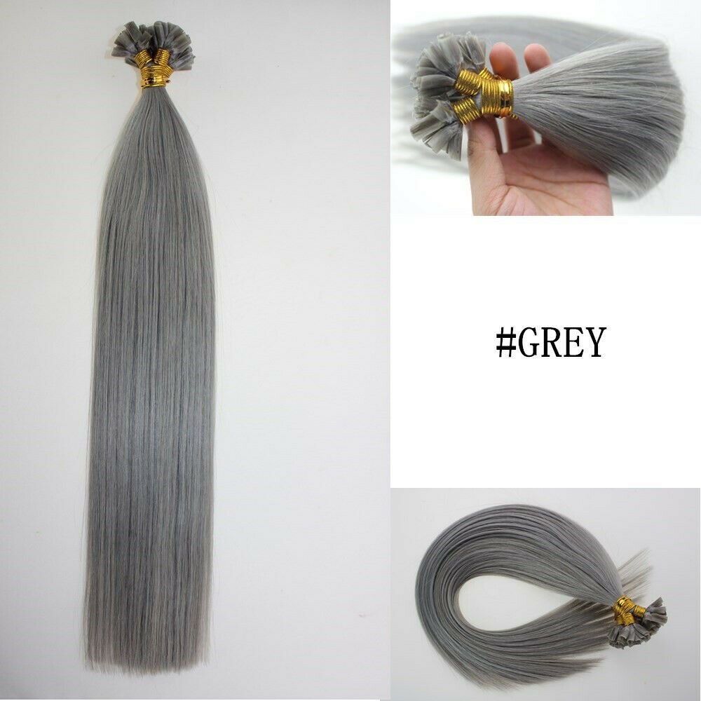 Keratin Glue Fusion Bonded U Tip Real Human Hair Extensions Silver Gray16inch50s