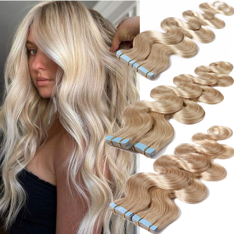 Curly Russian Remy Human Hair Tape In Extensions Skin Weft Body Wave/Straight