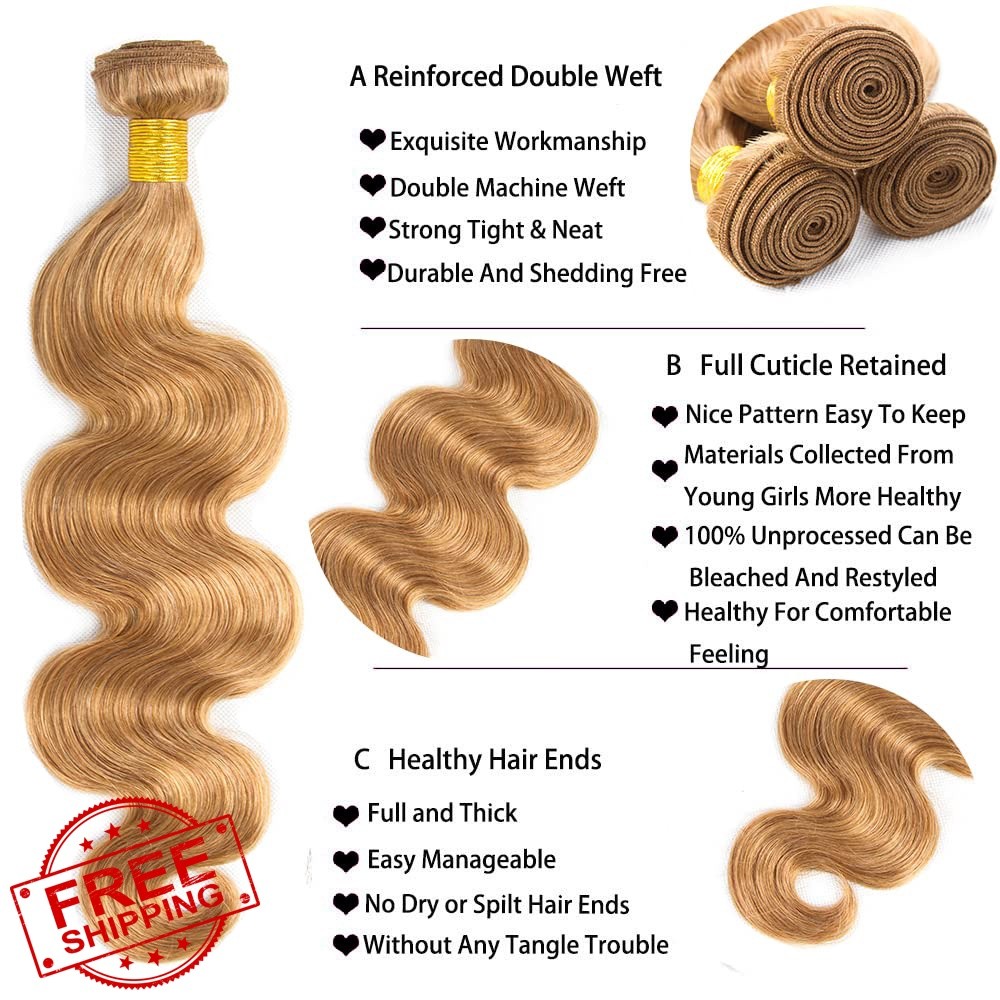 GtaiiReu 32 Inch #27 Honey Blonde Body Wave Human Hair Bundles
