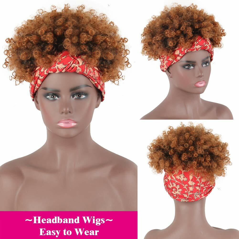 Ombre Brown Kinky Curly Headband Wigs for Black Women Short Afro Synthetic Wig