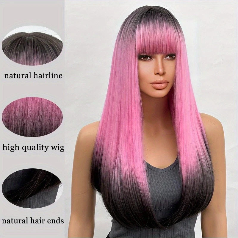 Long Straight Pink Ombre Wig with Bangs Anime Hair Women Cosplay Party Halloween