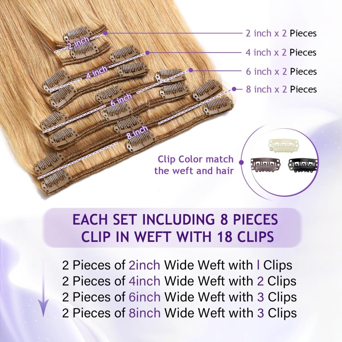 24″ Clip-In Real Human Hair Extensions, 120g, 8pcs, Seamless Double Weft, #27 Ho