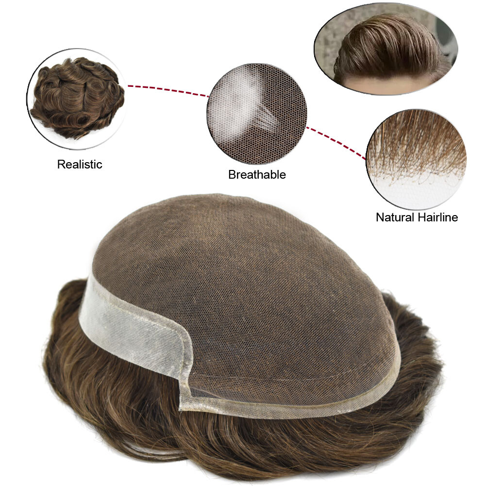 Mens Toupee Human Hair Replacement System French lace Front Thin Skin Hairpiece