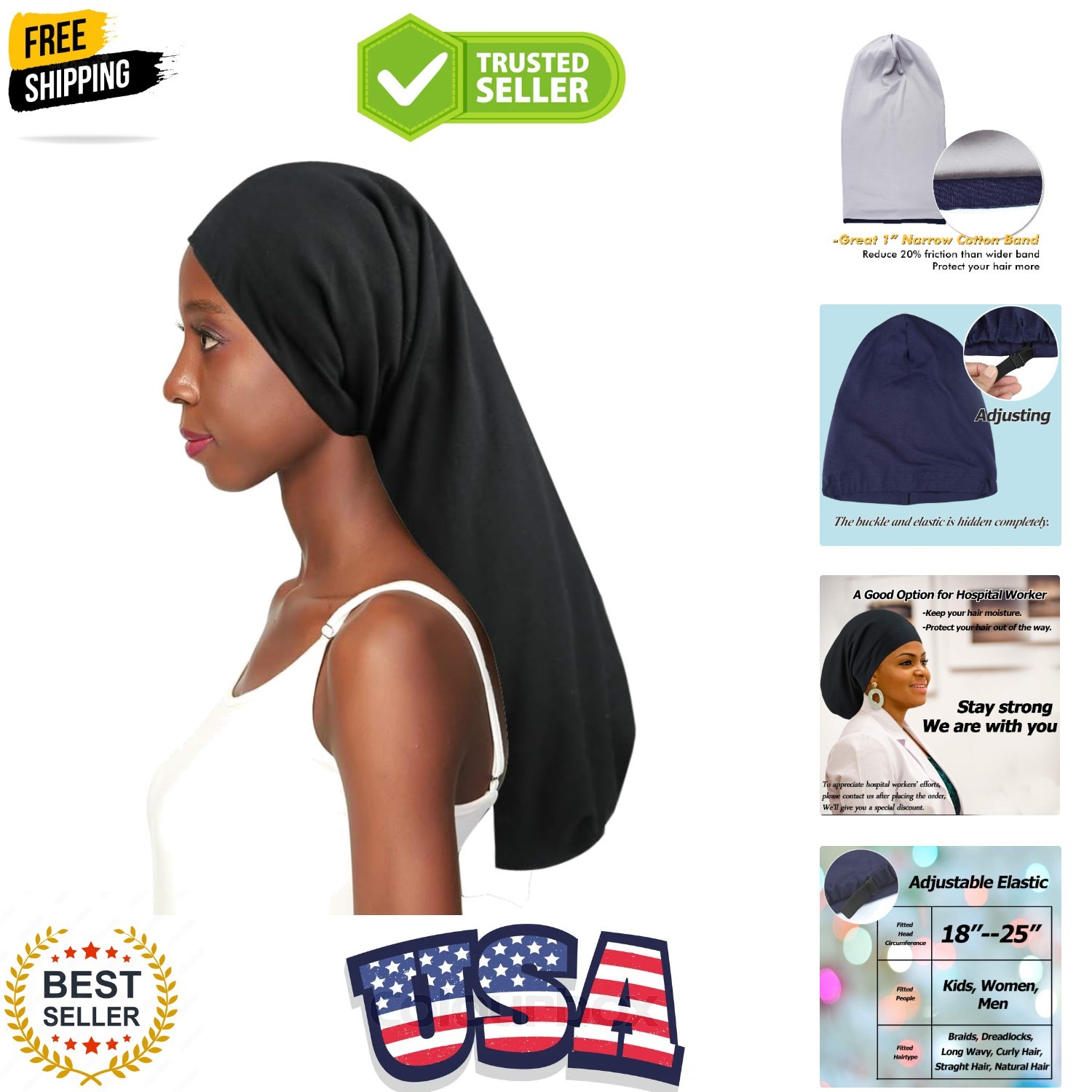 3 Size Satin Lined Sleep Caps for Braids,Dreadlocks Natural Curly Hair Adjust…
