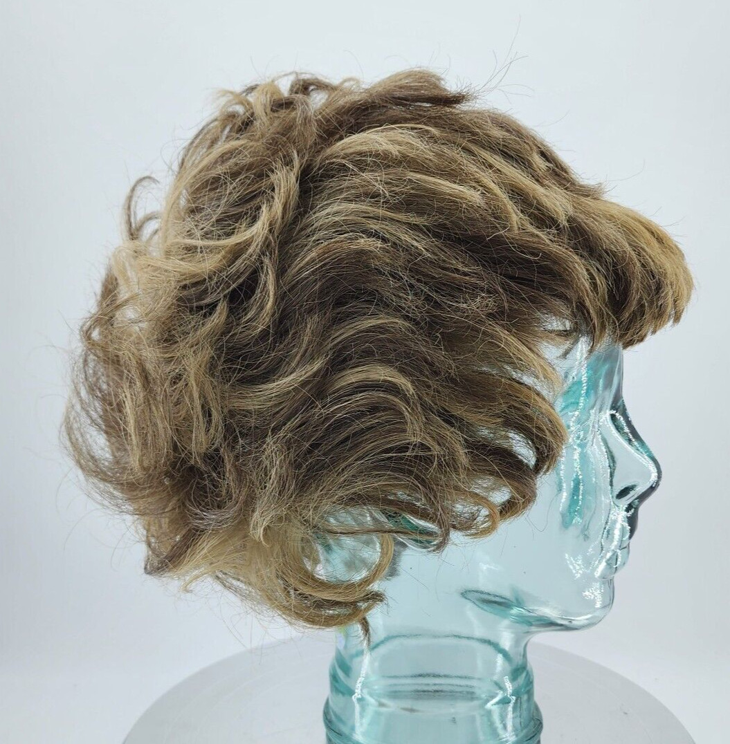 Vtg Short Hair Wig Slight Wave Brown/Honey Blonde Chunky Highlights 100% Dynel