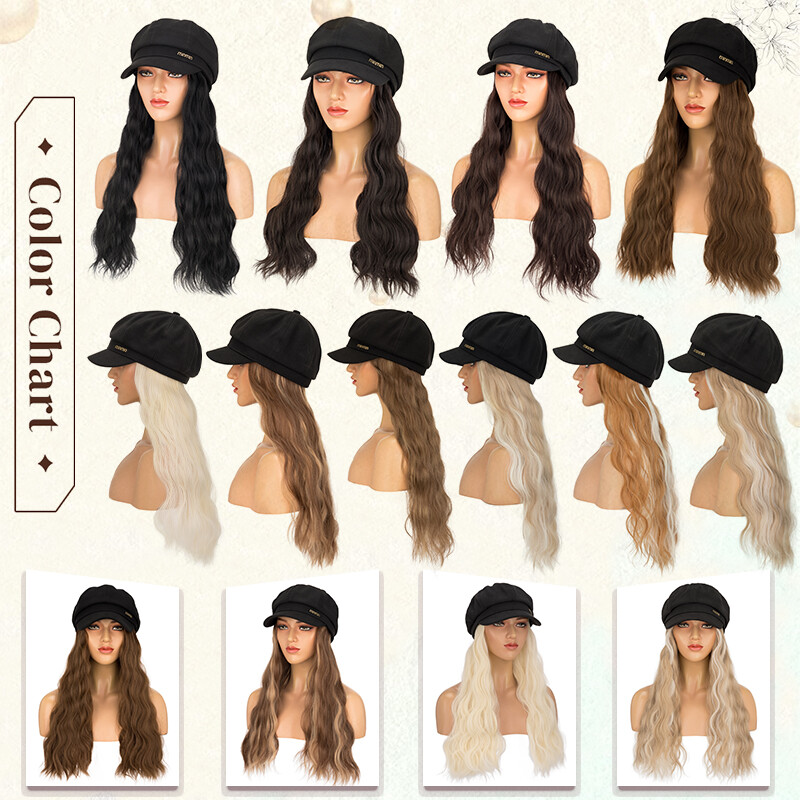 Beret Hat with Hair Extensions Wool Cap Attached 18” curly Hairpiece Synthetic