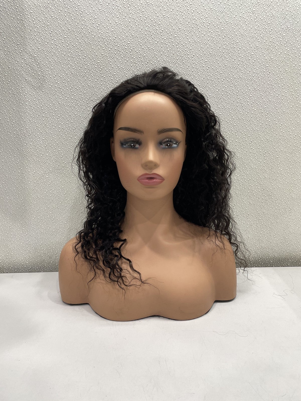 Natural Black Deep Wave Human Hair Blend Glueless Half Wig, 20″