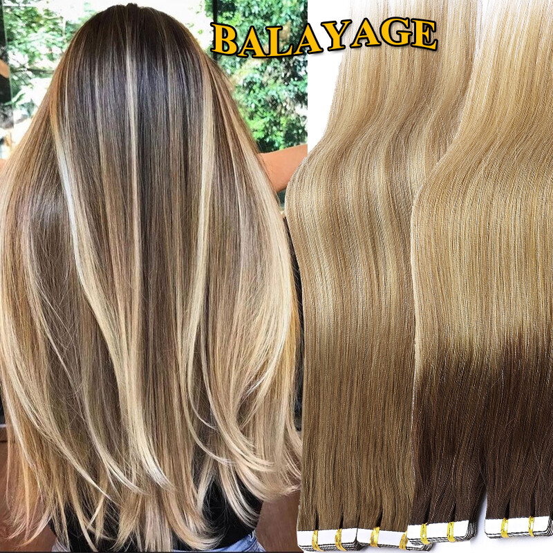 100g Tape In Human Hair Extensions Full Head Skin Weft Brown Ombre 40pcs Long US