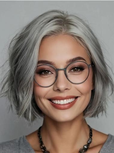 Short Wavy Silver Grey Bob Wigs FULL LACE Wigs 100% Human Hair Wigs CAP 21.5INCH