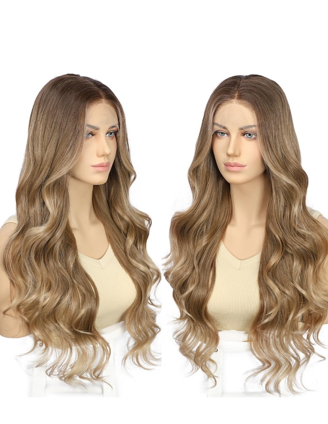 Natural Brown With Light BLONDE HIGHLIGHTS Wig HD Front Lace Human Hair Blend
