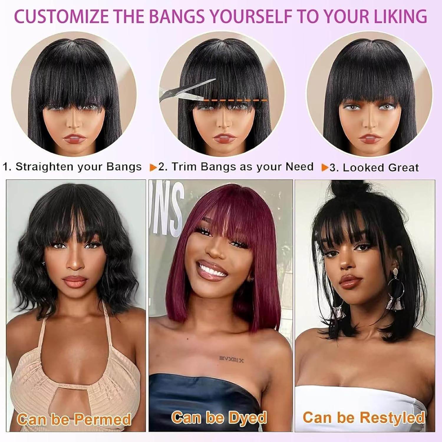Indian Bob Straight Human Hair Wigs With Bangs 2×1 Lace WigsGlueless for Women