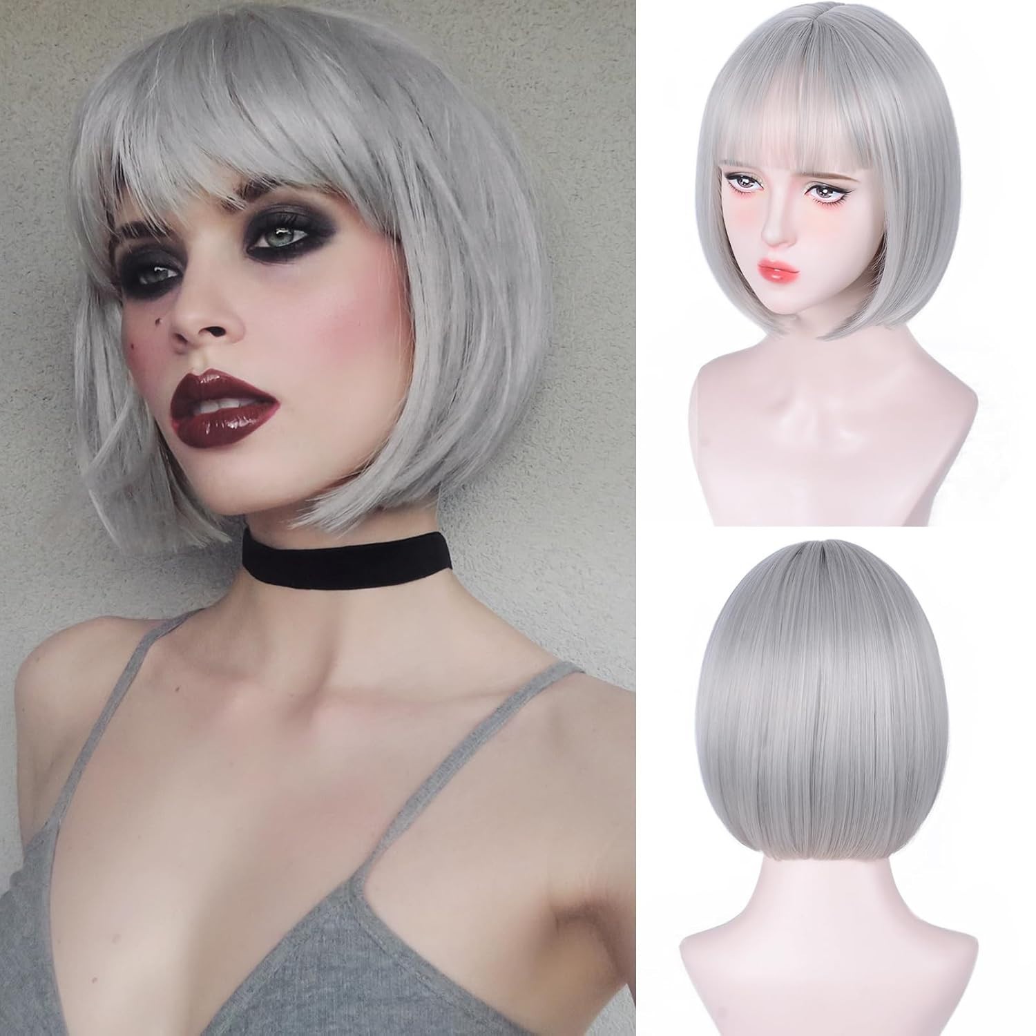 SW07 Gray Bob Wig Short 12″ women soft bangs easy to wear Colorful synthetic