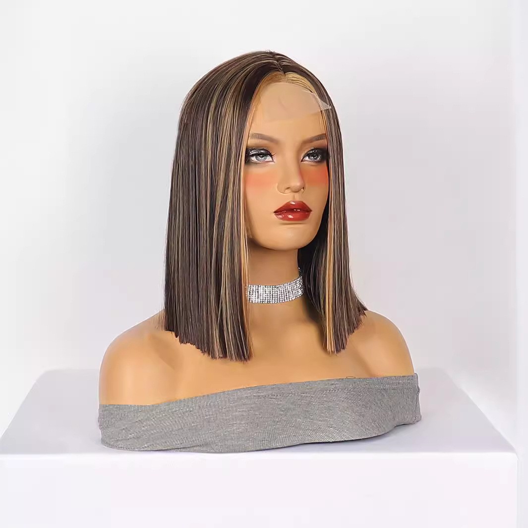 Small Lace Brown Highlight Short Straight Wig For Women Synthetic Heat