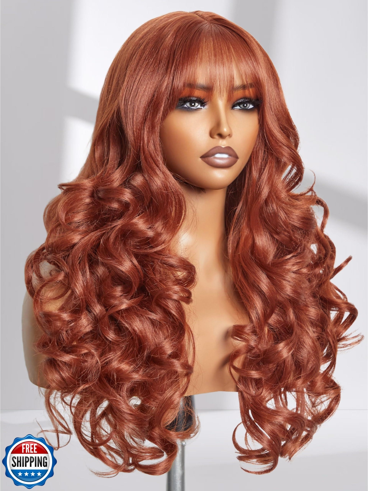 GORGIUS Orange Brown Wigs with Bang Body Wave Wigs Long Natural Look Glueless
