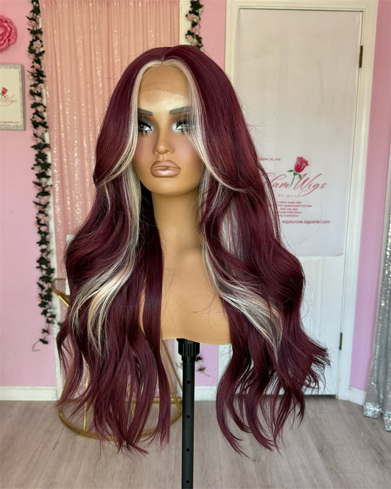 Burgundy Red with Blonde Highlight 13×4 Lace Front Wigs Human Hair Wig Body Wave