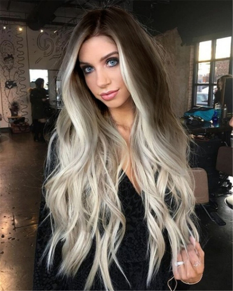 Ash Gray Silver White Ombre Lace Long Wavy Curly Blonde Synthetic Wigs Hair
