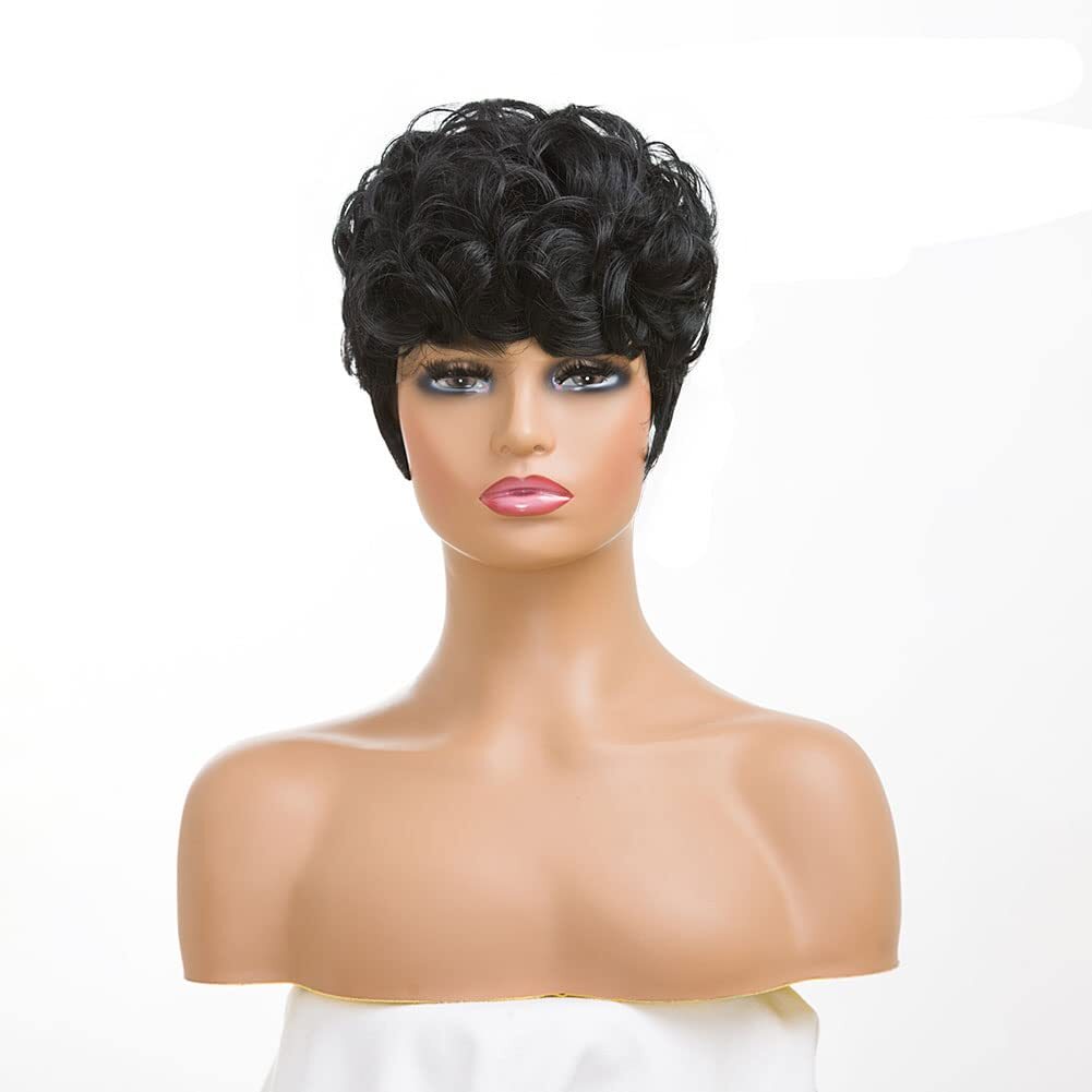 Short Black Curly Pixie Wigs Synthetic Natural Wavy Hair Wigs for Black Women US